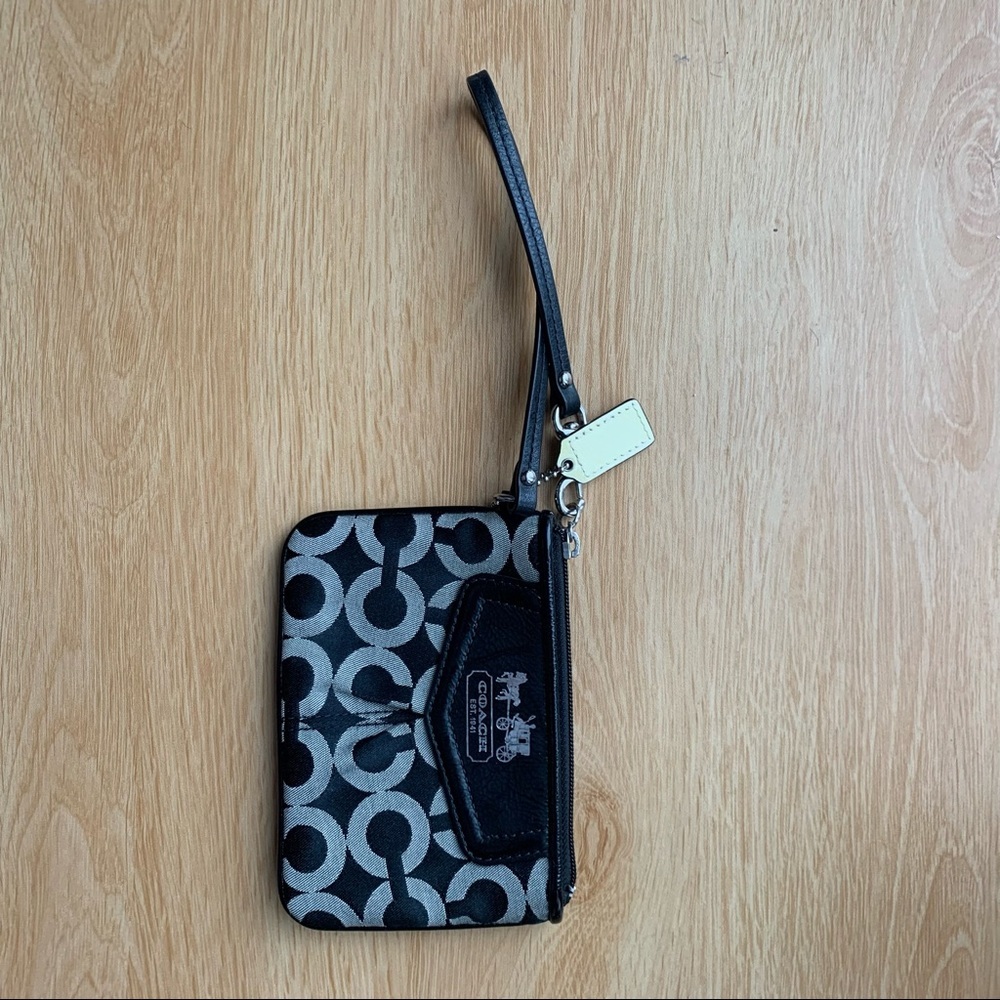 Coach Signature Stripe Small Wristlet Black Gray Monogram Canvas